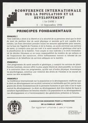 International conference on population development in Benin. Lithograph by L'Association Béninoise pour la Promotion de la Famille, 1994.