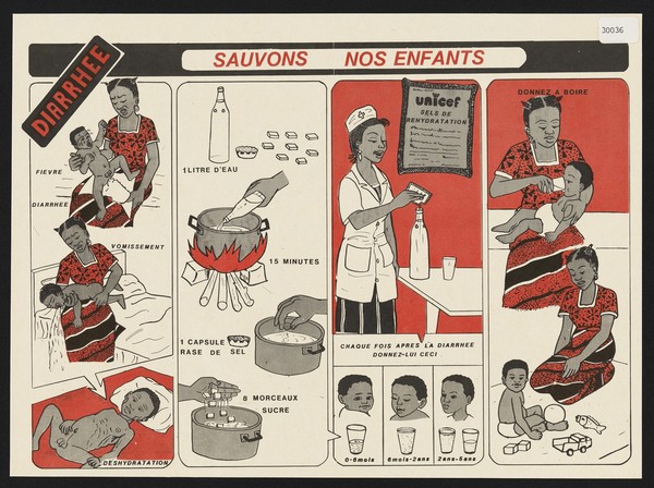 Treating children with diarrhoea in Cameroon. Colour lithograph, ca. 2000.