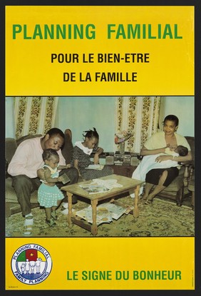 Family planning in Cameroon. Colour lithograph by Horizon Graphic, ca. 2000.