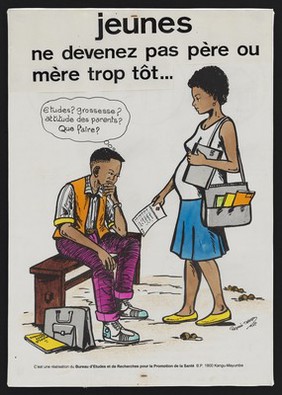 Family planning in Congo (Zaire). Colour lithograph by Targou for Bureau d'Etudes et de Recherches pour la Promotion de la Santé, 1996.