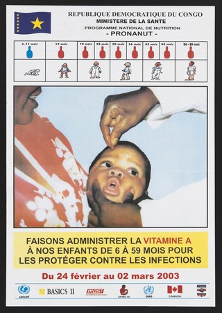 A child receiving vitamin A to promote National programme of nutrition in Congo in 2003. Colour lithograph for Ministère de la Santé Programme National de Nutrition.