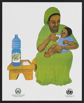 A child receiving water to promote health education for children in Djubiti. Colour lithograph, ca. 2000.