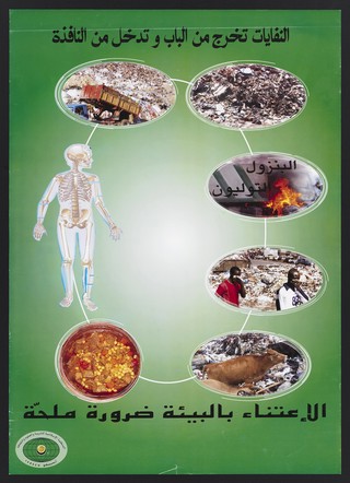 Djibouti: waste disposal and its effects on health. Colour lithograph, ca. 2000.
