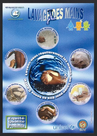 Hygiene in Djibouti. Colour lithograph by DilTourab and Hani for République de Djibouti Ministère de la Santé, ca. 2000.