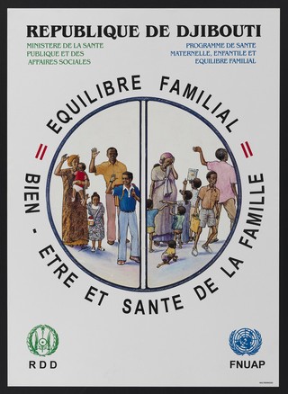 Maternal and family health programme in Djibouti. Colour lithograph by Multiservices for Ministère de la Santé, ca. 2000.