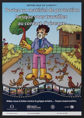 Prevention of avian flu and poultry contamination in Djibouti. Colour lithograph by Yat Advertising for République de Djibouti Ministère de la Santé , ca. 2006.