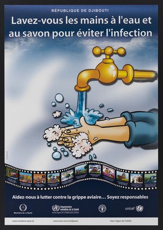 Prevention of avian flu and poultry contamination in Djibouti. Colour lithograph by Yat Advertising for République de Djibouti Ministère de la Santé , ca. 2006.