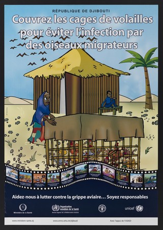 Prevention of avian flu and poultry contamination in Djibouti. Colour lithograph by Yat Advertising for République de Djibouti Ministère de la Santé , ca. 2006.
