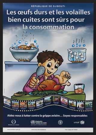 Prevention of avian flu and poultry contamination in Djibouti. Colour lithograph by Yat Advertising for République de Djibouti Ministère de la Santé , ca. 2006.