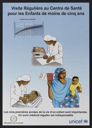 The importance of regular health checks for children in Djibouti. Colour lithograph by Ministère de la Santé and Unicef, ca. 2000.