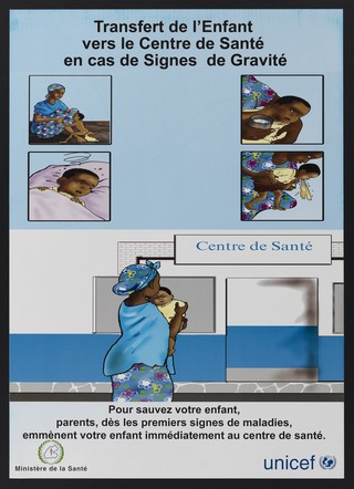 Disease prevention at child health centres in Djibouti. Colour lithograph by Ministère de la Santé and Unicef, ca. 2000.