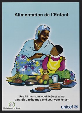 The importance of a balanced diet for children in Djibouti. Colour lithograph by Ministère de la Santé and Unicef, ca. 2000.