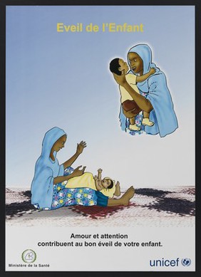 The importance of nurturing children in Djibouti. Colour lithograph by Ministère de la Santé and Unicef, ca. 2000.