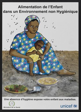 The importance of food hygiene for children in Djibouti. Colour lithograph by Ministère de la Santé and Unicef, ca. 2000.