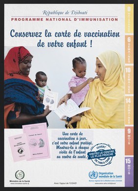 National immunisation programme in Djibouti. Colour lithograph by Ministère de la Santé, ca. 2002.