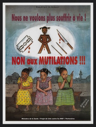 Campaign against female genital mutilation in Djibouti. Colour lithograph by A. Rachid and A. Djama for Ministère de la Santé MGF project, ca. 2010.