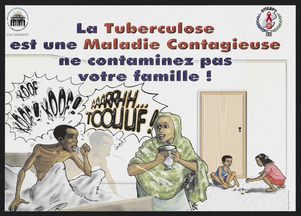 Djibouti: a man in bed coughs, spreading tuberculosis to his wife and children. Colour lithograph by Salam Mohamed Saleh for Ministère de l'éducation nationale et de l'enseignement supérieur , ca. 2000.