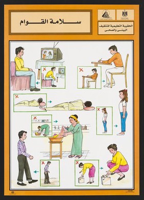 Guidelines to correct back posture in Djibouti. Colour lithograph, ca. 2000.