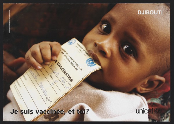 Vaccinating children in Djibouti. Colour lithograph by Giacomo Pirozzi for Unicef Djibouti, ca. 2000.