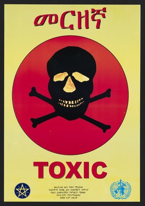 A skull and cross bones representing a warning about the dangers of handling toxic substances in Ethiopia. Colour lithograph for the World Health Organisation, 2000.