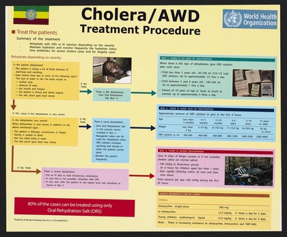 Treatment procedure for cholera and acute water diarrhoea in Ethiopia. Colour lithograph for World Health Organisation, ca. 2000.