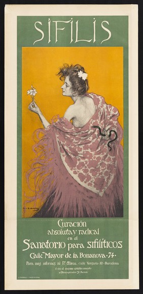 A woman representing syphilis; advertising Dr Abreu's sanatorium for syphilitics in Barcelona. Colour collotype by J. Thomas after R. Casas, ca. 1900.