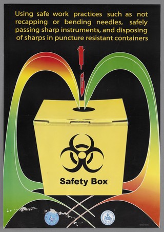 A used needle poised above a safety box; promoting safe work practices in Ethiopian health organisations. Colour lithograph by Y. G. Mariam, ca. 2000.