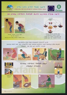 The importance of personal hygiene practices to avoid sickness in Ethiopia. Colour lithograph by Graphics Design for ADA and Oxfam, ca. 2000.