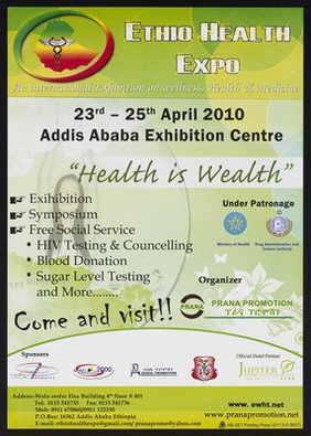 International exhibition on wellness, health and medicine in Addis Ababa, Ethiopia. Colour lithograph for Prana Promotion, 2010.