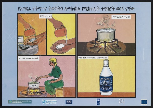 The importance of washing hands before cooking and sterilising water in Ethiopia. Colour lithograph by the Ministry of Health, ca. 2000.