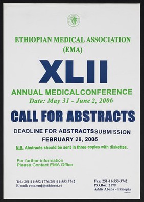 Call for abstracts for annual medical conference in Ethiopia. Colour lithograph by the Ethiopian Medical Association, 2006.