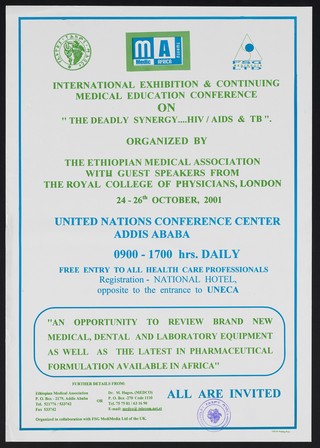 Notice for an exhibition and conference on HIV/AIDS and tuberculosis in Ethiopia. Colour lithograph by the Ethiopian Medical Association, 2001.