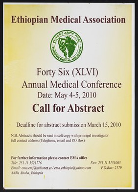 Call for abstracts for annual medical conference in Ethiopia. Colour lithograph by the Ethiopian Medical Association, 2010.