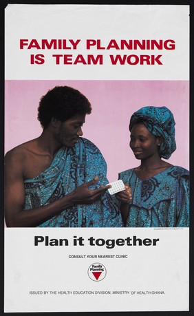 A man hands a woman some pills: family planning in Ghana. Colour lithograph by Apple Pie Publicity for Ministry of Health, Ghana, ca. 2000.