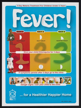 Malaria treatment for children in Ghana. Colour lithograph by Ghana Health Service, ca. 2000.