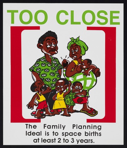A couple in despair surrounded by their numerous screaming babies: family planning in Ghana. Colour lithograph, ca. 2000.