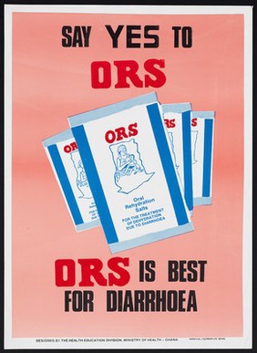 Oral rehydration salt treatment for children with diarrhoea in Ghana. Colour lithograph by Ministry of Health Ghana, ca. 2000.