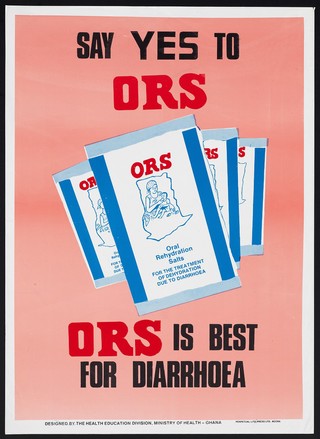 Oral rehydration salt treatment for children with diarrhoea in Ghana. Colour lithograph by Ministry of Health Ghana, ca. 2000.