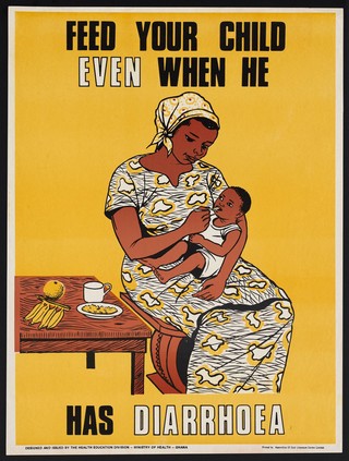 A mother feeding her child: treating children with diarrhoea in Ghana. Colour lithograph by Ministry of Health Ghana, ca. 2000.