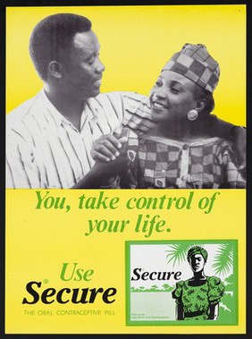 A male-female couple hold hands looking at each other representing Secure oral contraception in Ghana. Colour lithograph by Ghana Social Marketing Program, ca. 2000.