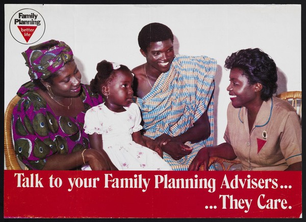 A family of three talk to a family planning adviser in Ghana. Colour lithograph, ca. 2000.