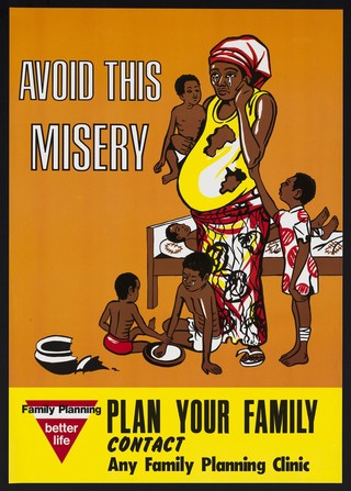 A pregnant mother in tears living in poverty with her many children: importance of family planning in Ghana. Colour lithograph, ca. 2000.
