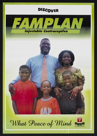 A Ghanaian family of five representing Famplan, the injectable contraceptive in Ghana. Colour lithograph by GSMF International, ca. 2000.