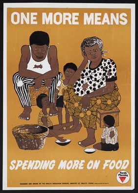 A pregnant mother sits in tatters with her deprived family: importance of family planning in Ghana. Colour lithograph by the Ministry of Health Ghana, ca. 2000.