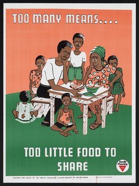 A pregnant mother sits crying before a table surrounded by her large deprived family: importance of family planning in Ghana. Colour lithograph by the Ministry of Health Ghana, ca. 2000.