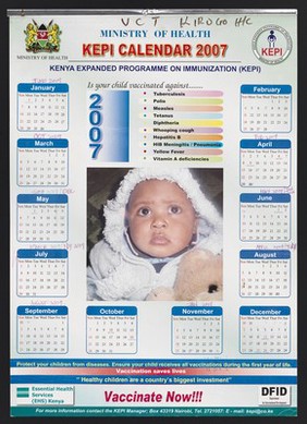 Calendar for 2007 advertising the Kenya immunization programme. Colour lithograph by Ministry of Health, 2007.