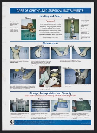 Handling, maintenance and storage of ophthalmic surgical instruments in Kenya. Colour lithograph by the International Centre for Eye Health, ca. 2000.