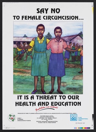 Two girls with their arms round each other in front of playing children: campaign against female circumcision in Kenya. Colour lithograph after E.K. Migwi for the Family Planning Association of Kenya, 1997.