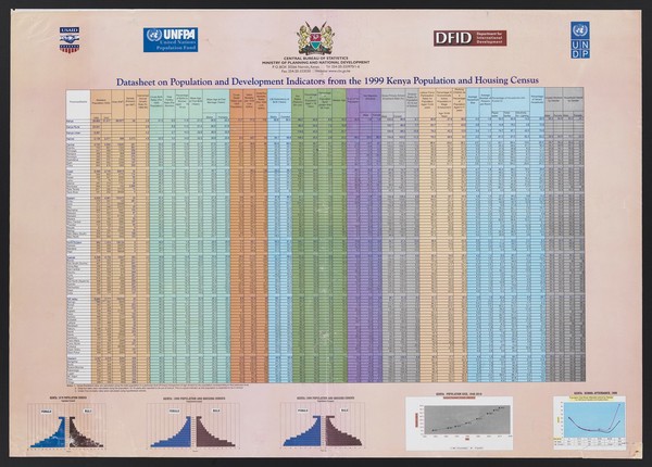 Datasheet on population and development indicators from the 1999 Kenya Population and Housing Census. Colour lithograph by Central Bureau of Statistics, 1999.