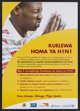 A man sneezing into a tissue: understanding H1N1 avian flu in Kenya. Colour lithograph by Ministry of Public Health and Sanitation, ca. 2006.